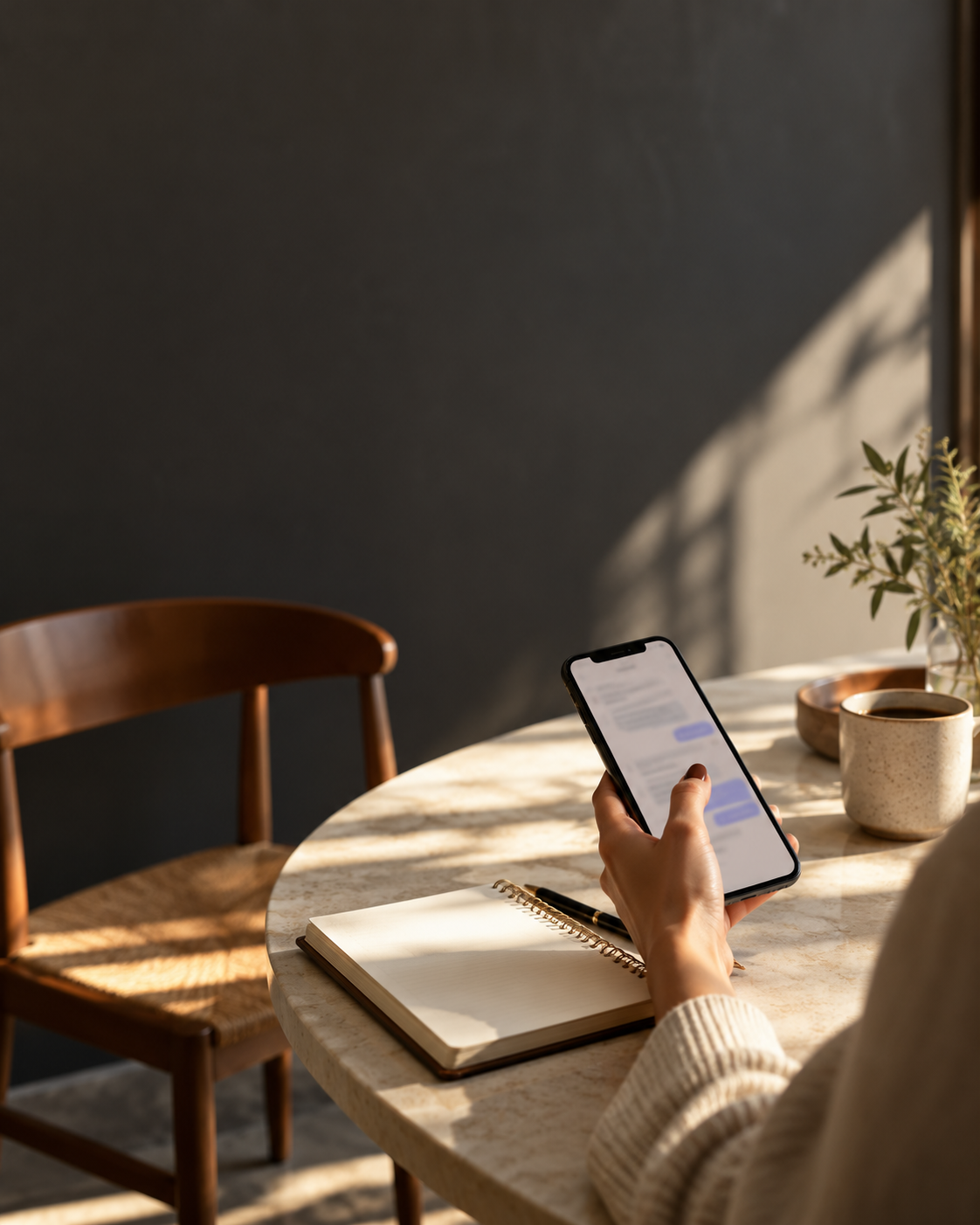 Mão segurando celular com conversa ilegível, ao lado de um caderno